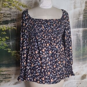 NWT! Coolmee Womens Medium black floral long lantern sleeve smocked blouse